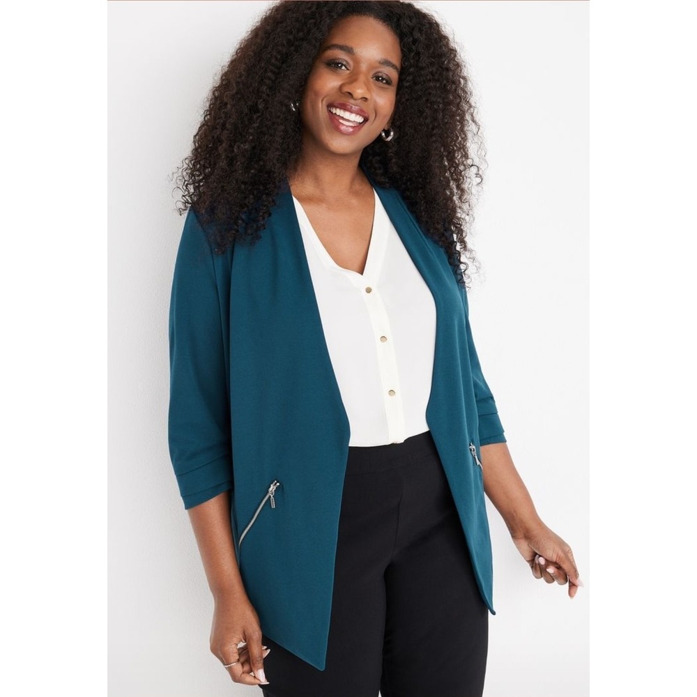 Maurices Teal Open-Front Blazer Jacket Plus Size 3X Ruched Sleeve Zipper Pockets